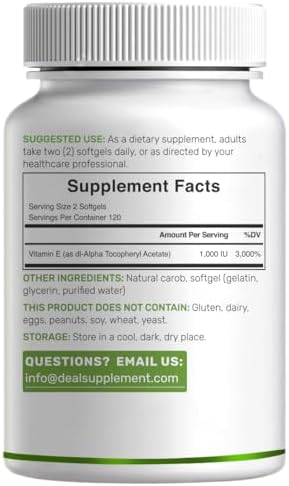 Suplementos de Vitamina E, 1,000 UI por Porción, 240 Softgels – Protección Antioxidante Extra Fuerte – Forma Estable Bioavailable – Apoyo para Piel, - imagen 3