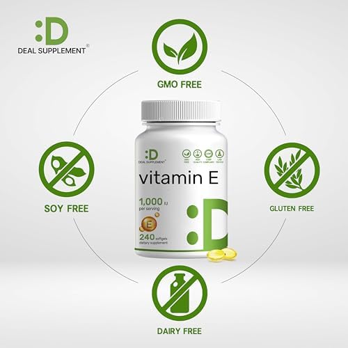 Suplementos de Vitamina E, 1,000 UI por Porción, 240 Softgels – Protección Antioxidante Extra Fuerte – Forma Estable Bioavailable – Apoyo para Piel, - imagen 5