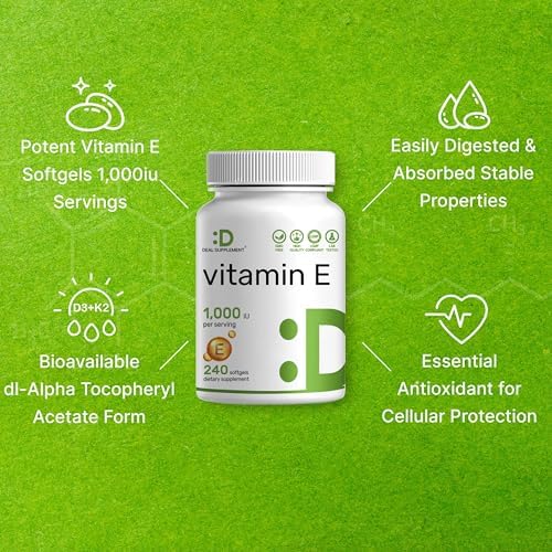 Suplementos de Vitamina E, 1,000 UI por Porción, 240 Softgels – Protección Antioxidante Extra Fuerte – Forma Estable Bioavailable – Apoyo para Piel, - imagen 6