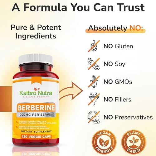 Suplemento de Berberina HCL Kaibro 1000mg - Apoyo al Sistema Inmunológico, Glucosa, Circulación y Salud Gastrointestinal, Vegano y Sin Gluten (120 - imagen 4