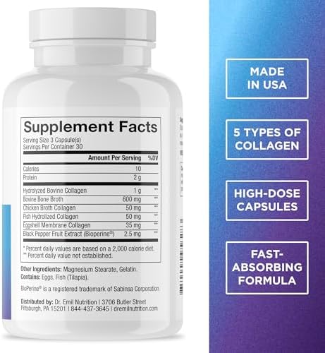 Suplemento de Colágeno Hidrolizado Dr. Emil Nutrition - Colágeno Tipo I, II, III, V y X - Apoyo para Cabello, Piel, Uñas y Articulaciones - 90 - imagen 2