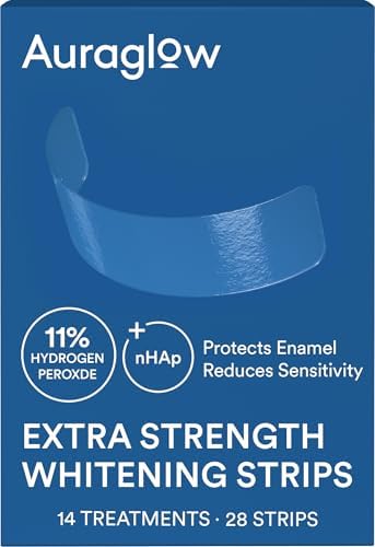 Tiras Blanqueadoras Auraglow Extra Fuertes, 14 Tratamientos, 11% Peróxido de Hidrógeno, Con Nano Hidroxiapatita, 28 Tiras, Sabor Menta - imagen 1