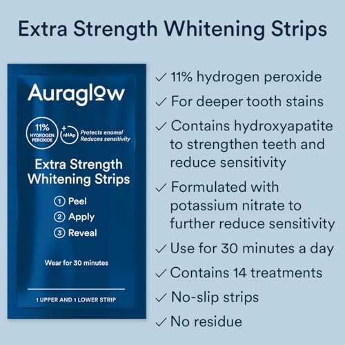 Tiras Blanqueadoras Auraglow Extra Fuertes, 14 Tratamientos, 11% Peróxido de Hidrógeno, Con Nano Hidroxiapatita, 28 Tiras, Sabor Menta - imagen 2