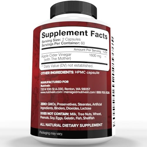 Suplementos de Vinagre de Manzana Nutrivein Premium con Madre - 1600 mg - 120 Cápsulas de Vinagre de Manzana: Pastillas ACV para Digestión, Keto, - imagen 2