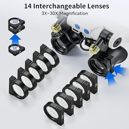 Lentes de Aumento JARLINK con Luz LED, Lupa de Mano Libre con 14 Lentes Intercambiables 3X 4X 5X 6X 7X 10X 15X, Ideal para Manualidades, Joyería y - imagen 2