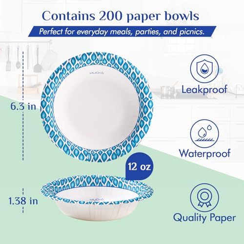 Tazones de Papel Desechables MUCHII de 12 Oz, 200 Piezas, Tazones Pequeños Impresos a Prueba de Humedad para Desayuno, Comida y Cena - imagen 3