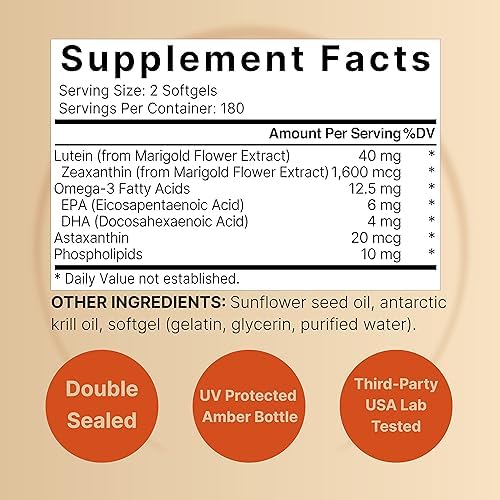 Luteína 40mg + Zeaxantina 1,600mcg, 360 Cápsulas Blandas | Fórmula 4 en 1 con Astaxantina, Omega-3 y Fosfolípidos | Extracto de Flor de Caléndula | - imagen 2