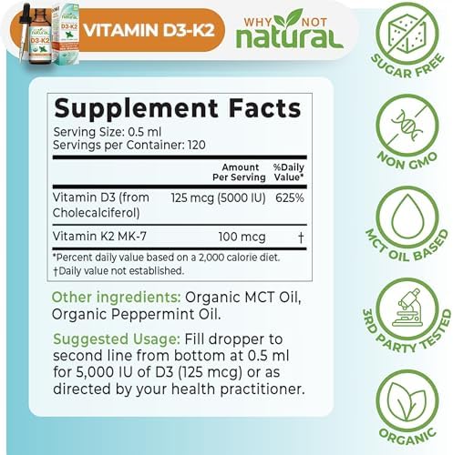 Why Not Vitamina D3 K2 (MK-7) Líquido Orgánico en Gotas, 5000 IU Sublingual con Aceite MCT de Coco, Soporte para Huesos, Corazón e Inmunidad - imagen 5