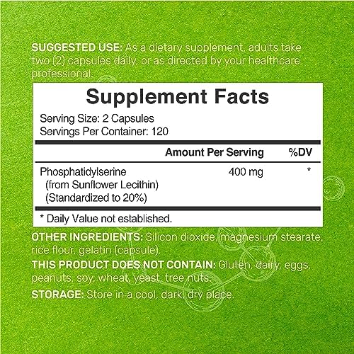 Suplemento de Fosfatidilserina, 400mg por porción, 240 Cápsulas – Fuente de Lecitina de Girasol Sin Soja - imagen 2