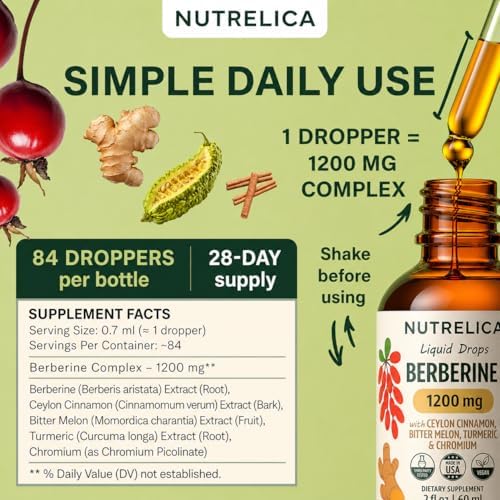 Complejo de Berberina con Canela de Ceilán, Melón Amargo, Cúrcuma y Cromo - 1200mg - Suplemento Herbal Líquido - Vegano, Sin Azúcar, No OGM - imagen 4