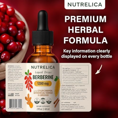 Complejo de Berberina con Canela de Ceilán, Melón Amargo, Cúrcuma y Cromo - 1200mg - Suplemento Herbal Líquido - Vegano, Sin Azúcar, No OGM - imagen 5
