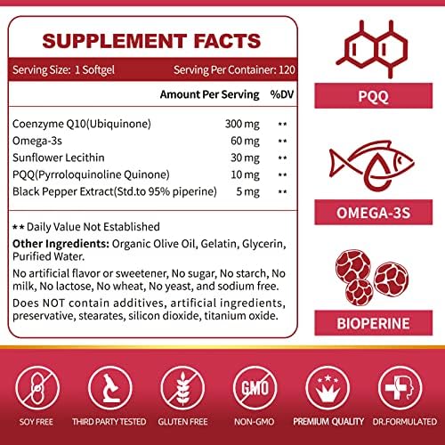 ZEBORA CoQ10 300mg en Softgels con PQQ, BioPerine y Omega-3, 120 Porciones de Suplemento de Coenzima Q10 para Antioxidante Potente y Salud Cardiaca - imagen 3