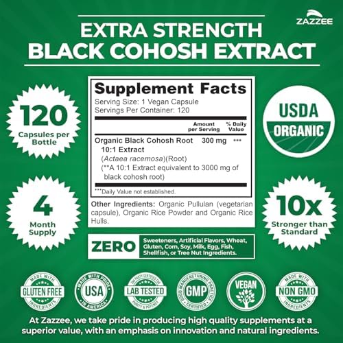 Zazzee Extracto de Cohosh Negro Orgánico USDA 10:1, 120 Cápsulas Veganas, Suministro para 4 Meses, Apoyo a la Salud Femenina y Balance Hormonal, - imagen 3