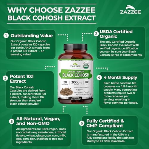 Zazzee Extracto de Cohosh Negro Orgánico USDA 10:1, 120 Cápsulas Veganas, Suministro para 4 Meses, Apoyo a la Salud Femenina y Balance Hormonal, - imagen 7
