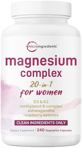 Complejo de Magnesio para Mujeres, 240 Cápsulas Vegetarianas | Fórmula 20 en 1 - Mezcla de Magnesio con Vitamina D3, K2, Ashwagandha y Más | Sin - imagen 1