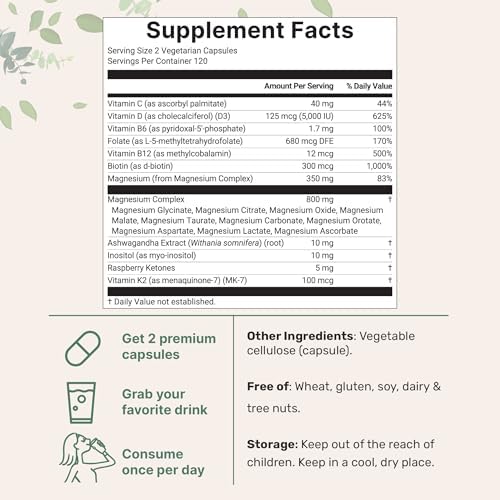 Complejo de Magnesio para Mujeres, 240 Cápsulas Vegetarianas | Fórmula 20 en 1 - Mezcla de Magnesio con Vitamina D3, K2, Ashwagandha y Más | Sin - imagen 2