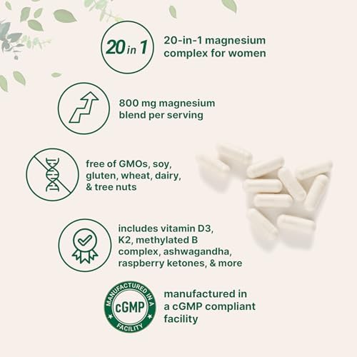 Complejo de Magnesio para Mujeres, 240 Cápsulas Vegetarianas | Fórmula 20 en 1 - Mezcla de Magnesio con Vitamina D3, K2, Ashwagandha y Más | Sin - imagen 3