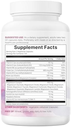 Complejo de Magnesio para Mujeres, 240 Cápsulas Vegetarianas | Fórmula 20 en 1 - Mezcla de Magnesio con Vitamina D3, K2, Ashwagandha y Más | Sin - imagen 6