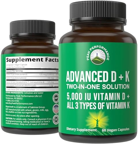 Peak Performance Vitamina D Avanzada 5000 IU con 3 Tipos de Vitamina K, D3, K2, K1, MK-7 - 60 Cápsulas Vegetales Fáciles de Tragar - imagen 1