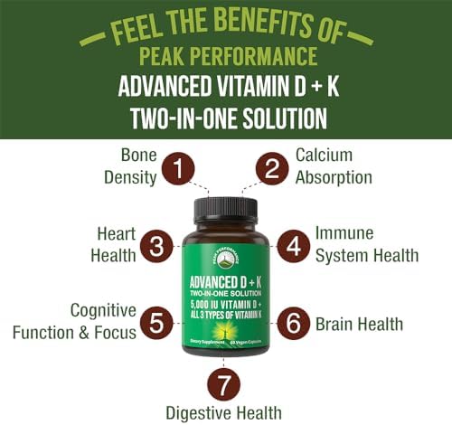 Peak Performance Vitamina D Avanzada 5000 IU con 3 Tipos de Vitamina K, D3, K2, K1, MK-7 - 60 Cápsulas Vegetales Fáciles de Tragar - imagen 2