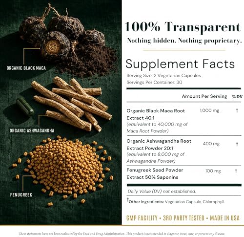 Cápsulas de Maca Negra Peruana Orgánica - 1,500mg 40X con Ashwagandha y Fenogreco - Complejo Adaptógeno 3 en 1 para Hombres y Mujeres - Vegano y No - imagen 5