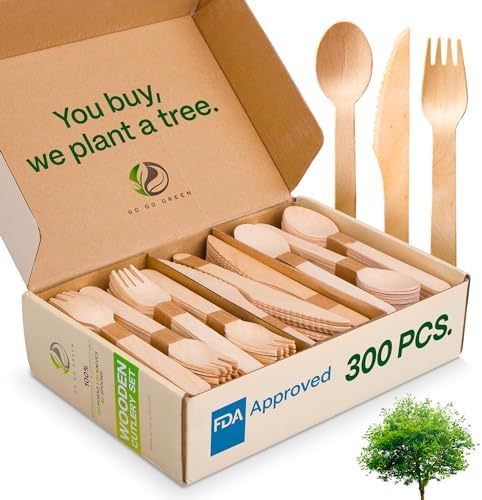 Set de Cubiertos 100% Compostables - 300 Piezas de Utensilios de Madera [120 Tenedores, 90 Cuchillos, 90 Cucharas] - Cubiertos Desechables Ecológicos - imagen 1