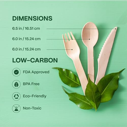 Set de Cubiertos 100% Compostables - 300 Piezas de Utensilios de Madera [120 Tenedores, 90 Cuchillos, 90 Cucharas] - Cubiertos Desechables Ecológicos - imagen 5