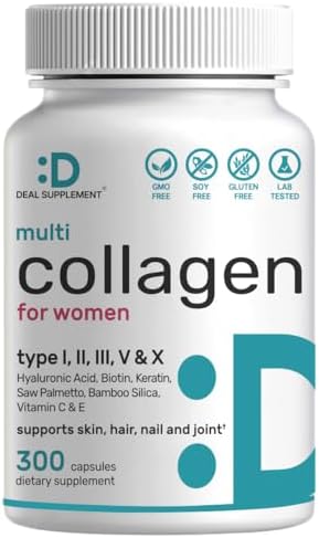 Píldoras de Colágeno Múltiple para Hombres y Mujeres con Vitamina C, E y Biotina, 300 Cápsulas – Colágeno Hidrolizado Tipo I, II, III, V, X – Fórmula - imagen 1