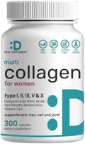 Píldoras de Colágeno Múltiple para Hombres y Mujeres con Vitamina C, E y Biotina, 300 Cápsulas – Colágeno Hidrolizado Tipo I, II, III, V, X – Fórmula - imagen 1