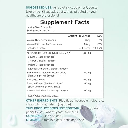 Píldoras de Colágeno Múltiple para Hombres y Mujeres con Vitamina C, E y Biotina, 300 Cápsulas – Colágeno Hidrolizado Tipo I, II, III, V, X – Fórmula - imagen 2