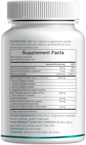 Píldoras de Colágeno Múltiple para Hombres y Mujeres con Vitamina C, E y Biotina, 300 Cápsulas – Colágeno Hidrolizado Tipo I, II, III, V, X – Fórmula - imagen 6