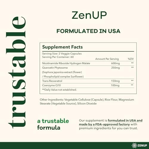 Suplemento ZenUP NAD+ | 1100mg de Ribósido de Nicotinamida Liposomal con Resveratrol y Quercetina | Energía Celular, Enfoque Mental | 120 Cápsulas - imagen 6