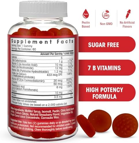 Gomitas de Complejo B Sin Azúcar - Vitamina B12, B7, B6, B3 (Niacina), B5, B8, B9 (Ácido Fólico) - Probadas por Terceros - Prenatal, Veganas, Adultos - imagen 2