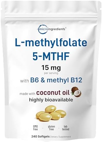 Micro Ingredients L Metilfolato 15mg, 240 Softgels | 5-MTHF Activo con B6 y Metil B12 | Vitamina B9 Metilada con Aceite de Coco - imagen 1