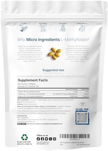 Micro Ingredients L Metilfolato 15mg, 240 Softgels | 5-MTHF Activo con B6 y Metil B12 | Vitamina B9 Metilada con Aceite de Coco - imagen 2