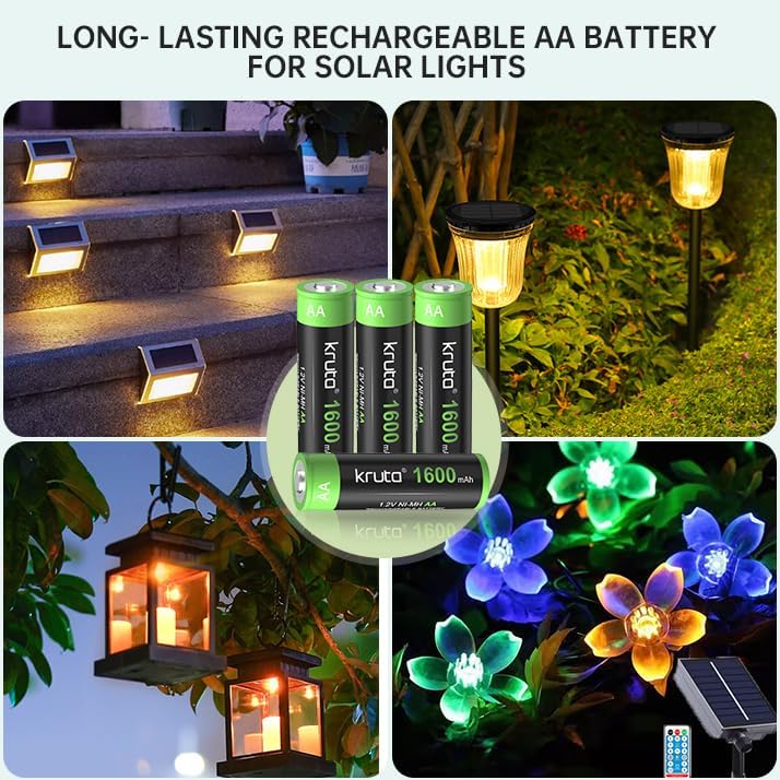 Baterías Recargables AA Kruta de 20 Piezas, 1600mAh NiMH, Pre-Cargadas para Luces Solares y Dispositivos del Hogar - imagen 2