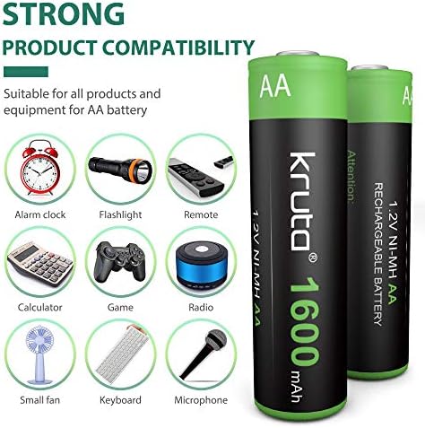 Baterías Recargables AA Kruta de 20 Piezas, 1600mAh NiMH, Pre-Cargadas para Luces Solares y Dispositivos del Hogar - imagen 5