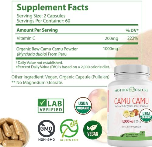 Cápsulas de Vitamina C Orgánica de Camu Camu 1,000mg, Antioxidantes Naturales - Suplemento para Inmunidad y Antienvejecimiento - Vegano, No GMO (120 - imagen 4