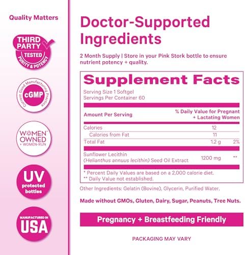 Suplemento de Lecitina de Girasol Pink Stork - 1200 mg para Conductos Lactales Obstruidos - Esenciales para Mamás en Lactancia - 60 Cápsulas Blandas - imagen 5