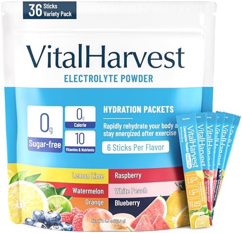 VitalHarvest 36 Paquetes de Electrolitos en Polvo Sin Azúcar - Hidratación en 6 Sabores: Limón Lima, Sandía, Naranja, Frambuesa, Durazno Blanco, - imagen 1