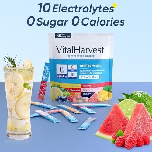 VitalHarvest 36 Paquetes de Electrolitos en Polvo Sin Azúcar - Hidratación en 6 Sabores: Limón Lima, Sandía, Naranja, Frambuesa, Durazno Blanco, - imagen 5