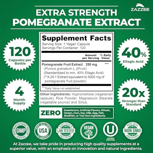 Zazzee Extracto de Granada Extra Fuerte 20:1, 40% Ácido Elágico, 120 Cápsulas Veganas, Suplemento Antioxidante, No GMO, Hecho en EE. UU. - imagen 2