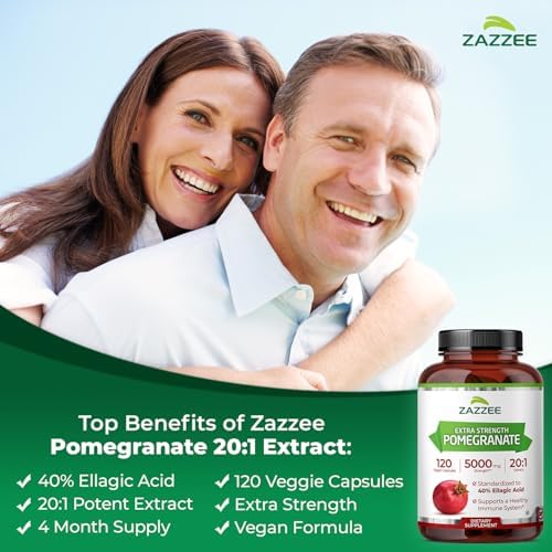 Zazzee Extracto de Granada Extra Fuerte 20:1, 40% Ácido Elágico, 120 Cápsulas Veganas, Suplemento Antioxidante, No GMO, Hecho en EE. UU. - imagen 3