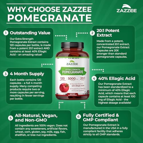 Zazzee Extracto de Granada Extra Fuerte 20:1, 40% Ácido Elágico, 120 Cápsulas Veganas, Suplemento Antioxidante, No GMO, Hecho en EE. UU. - imagen 6