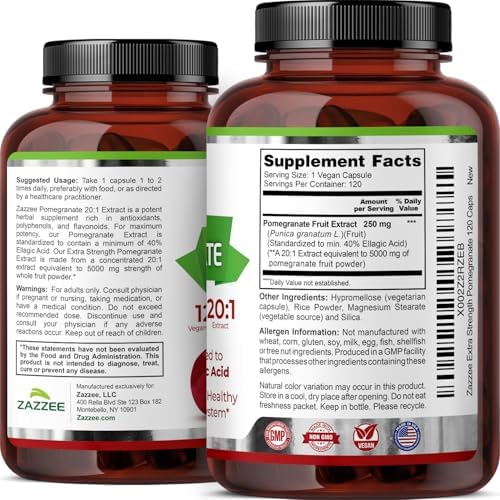 Zazzee Extracto de Granada Extra Fuerte 20:1, 40% Ácido Elágico, 120 Cápsulas Veganas, Suplemento Antioxidante, No GMO, Hecho en EE. UU. - imagen 8