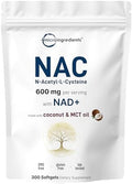 Suplemento de NAC Micro Ingredients 600mg con NAD+ y Aceite de Coco, 300 Cápsulas Blandas | N-Acetil L-Cisteína y Nicotinamida | Suplementos de NAD - imagen 1