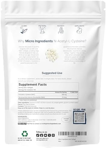 Suplemento de NAC Micro Ingredients 600mg con NAD+ y Aceite de Coco, 300 Cápsulas Blandas | N-Acetil L-Cisteína y Nicotinamida | Suplementos de NAD - imagen 2
