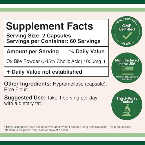 Suplemento de Bile de Buey para Personas Sin Vesícula Biliar (1,000mg por Porción, 500mg por Cápsula, 120 Cápsulas) Estandarizado al 45% de Ácidos - imagen 2