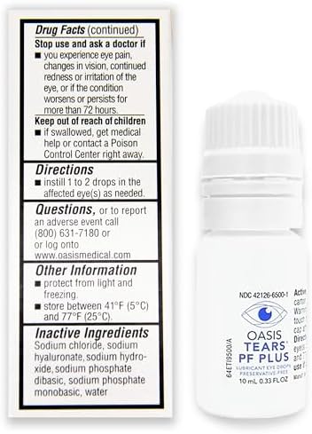 Oasis TEARS OT6500 PF Plus Gotas Lubricantes Sin Conservadores para Alivio de Ojos Secos | Lágrimas Artificiales | 0.34 FL OZ (10 mL) - imagen 3