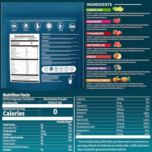 Paquetes de Polvo de Electrolitos OZENKE, Mezcla de Bebida Hidratante Sin Azúcar, 0 Calorías, 20 Palitos, 7 Sabores, Hidratación Rápida y Portátil - imagen 2